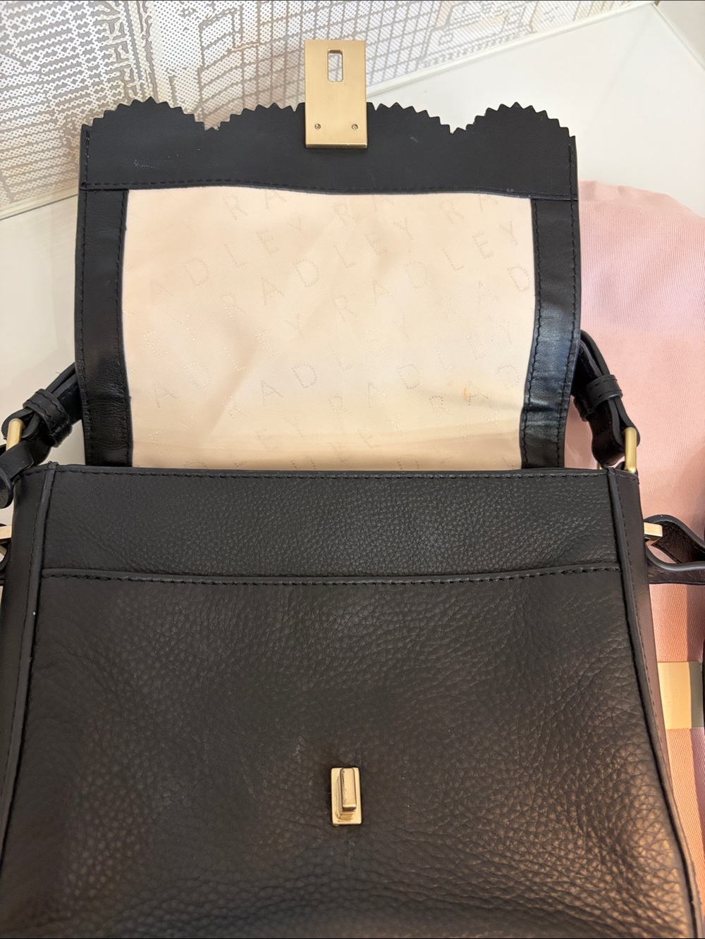 RADLEY LONDON Black Leather Crossbody with Cream Floral Cutouts and Gold Lock - Picture 11 of 16